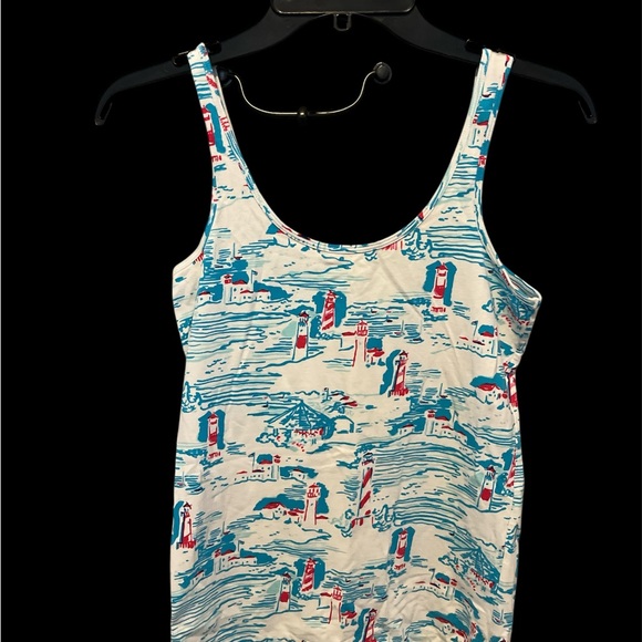 Lilly Pulitzer Sz Medium Tabbie Tank Top Shirt Pink Blue Lighthouses Cotton Blnd - Picture 2 of 3